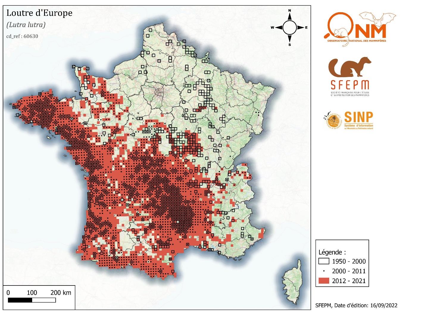 Carte de synthèse de la répartition de la loutre d'Europe en France en 2021 source SFEPM