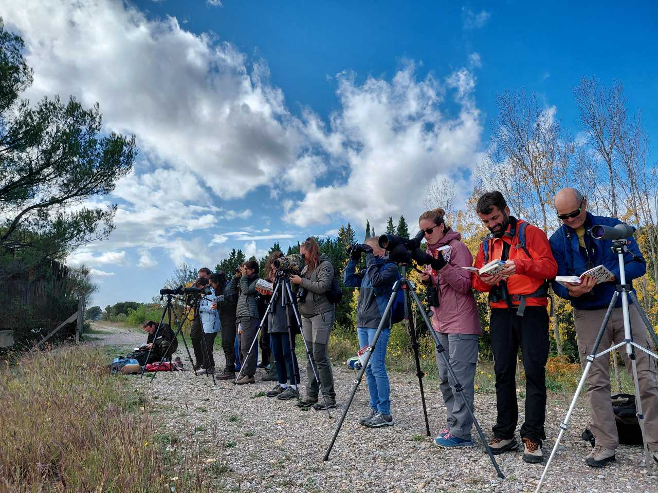 Stagiaires en train d'observer et d'identifier des espèces d'oiseaux sur La Durance ©R. Lhuillier