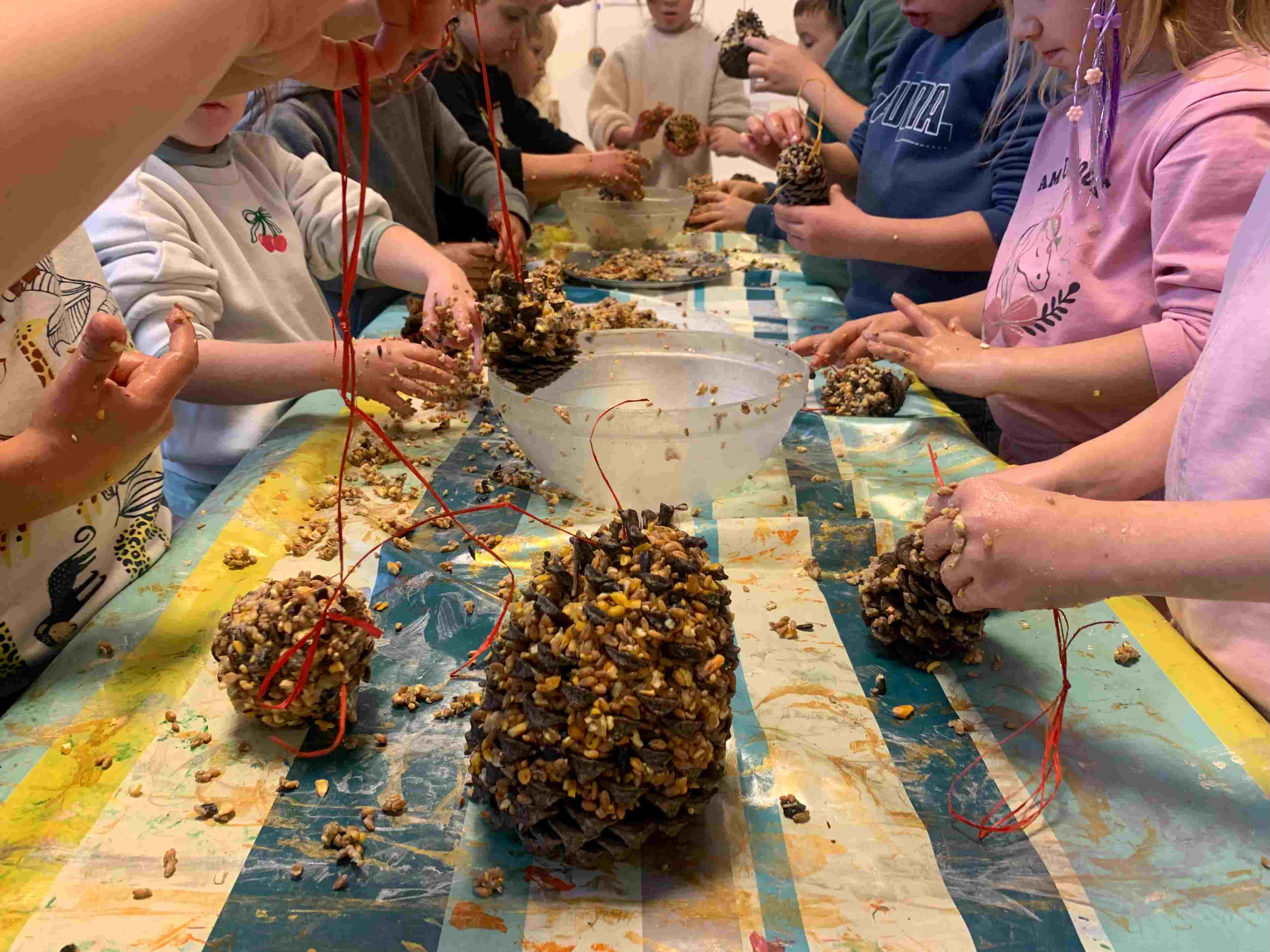 Pomme de pin en guise de boule de graisse confectionnées par les maternelles du Cannet-des-Maures © Leslie Bonneront