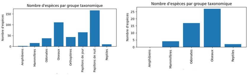 Nombre d’espèces recensées sur Faune PACA actuellement (sur la gauche) et post rachat des étangs par la ville (2019) © Faune PACA