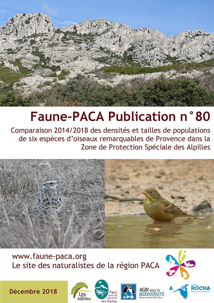 Faune-Paca Publication n°80 : Comparaison 2014/2018 des densités et tailles de populations de six espèces d’oiseaux remarquables de Provence dans la Zone de Protection Spéciale des Alpilles
